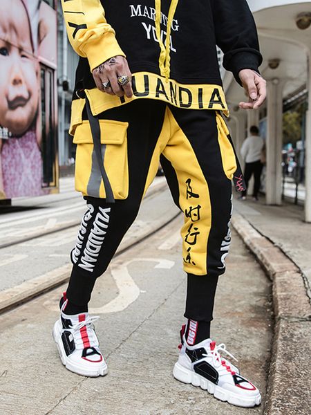hip hop pants men high street casual splice pants mens cargo kanji joggers men streetwear trousers, Black